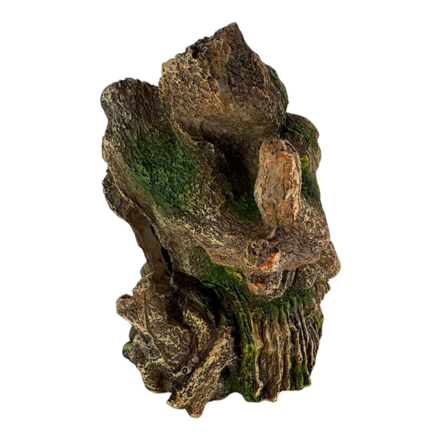 Skew Tree Monster Aquarium Ornament resembling an ancient gnarled tree trunk with a humanoid face, decorated in natural tones.