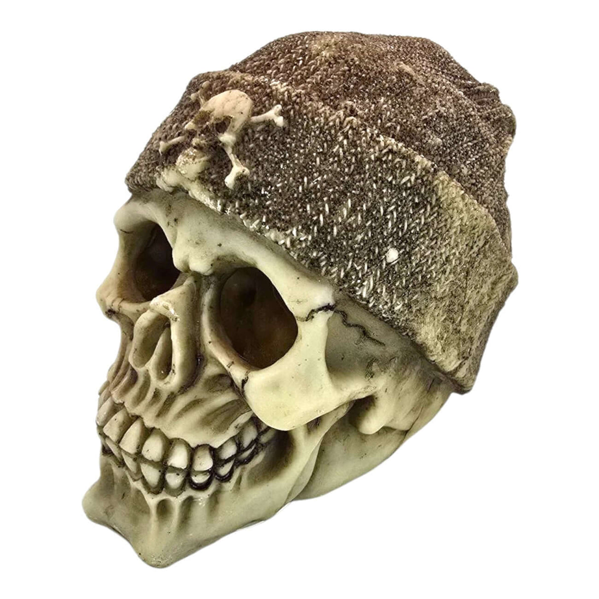 Skull with brown beanie aquarium ornament, featuring a weathered finish and detailed facial features.