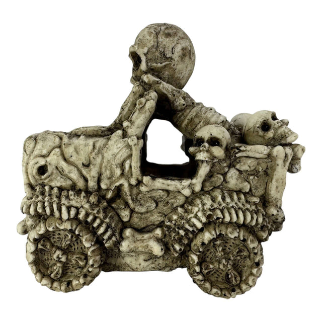 Skull Car Aquarium Ornament featuring skeletons in a weathered vehicle, ideal for aquariums or terrariums.