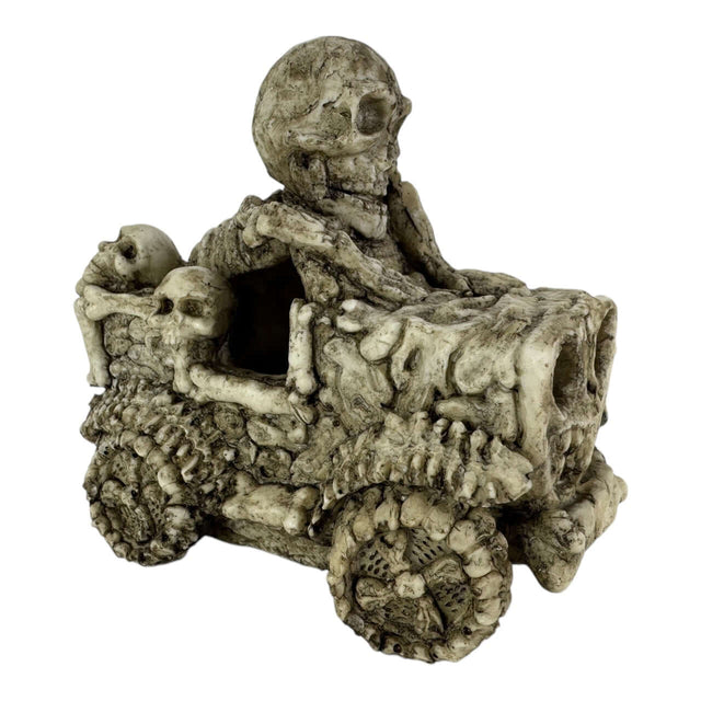 Skull Car Aquarium Ornament featuring skeleton ride, textured resin cave design for aquatic decor.