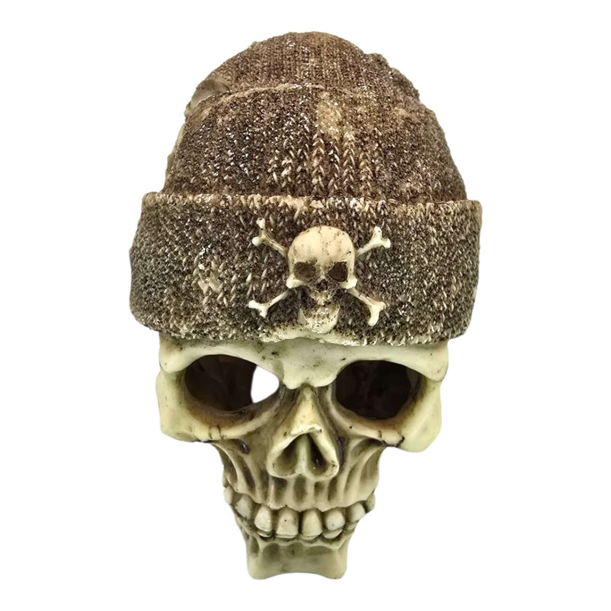 Skull with brown beanie aquarium ornament, featuring detailed eye sockets and a cozy knit design.