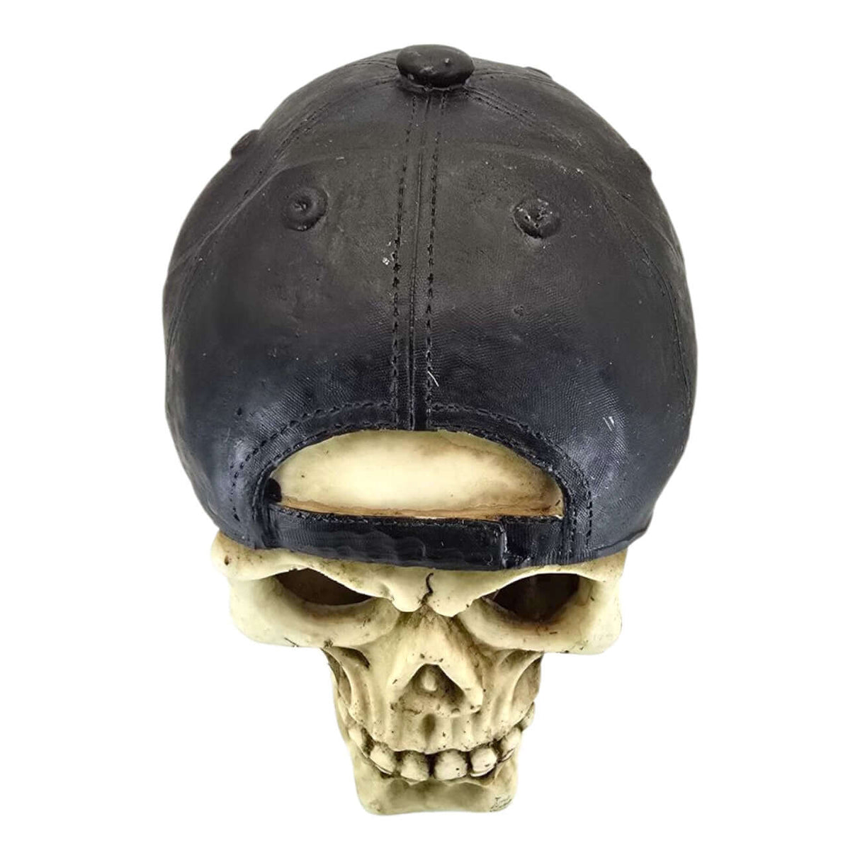 Skull with cap aquarium ornament featuring realistic bone texture and stylish black baseball cap.
