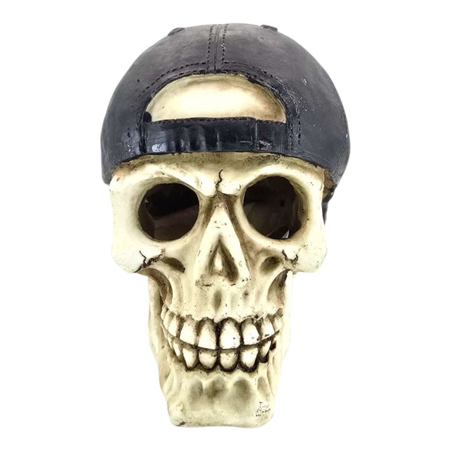 Skull with black cap aquarium ornament featuring detailed bone texture and realistic facial features.