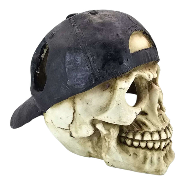 Skull with cap aquarium ornament featuring realistic bone texture and detailed facial features.