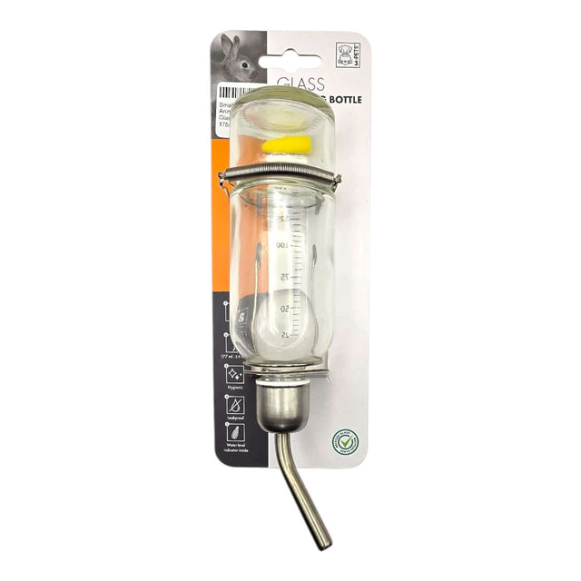 Small animal glass drinking bottle with measurement markings and stainless steel spout for pets.