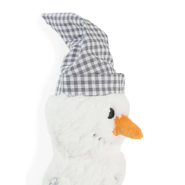 Snoop Snowman plush toy with roped arms, orange nose, and gray checkered hat for festive holiday fun.
