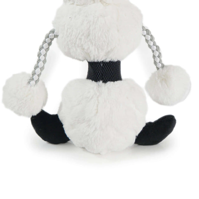 Snoop Snowman plush toy with roped arms and soft texture, featuring squeaker for added fun and engagement.