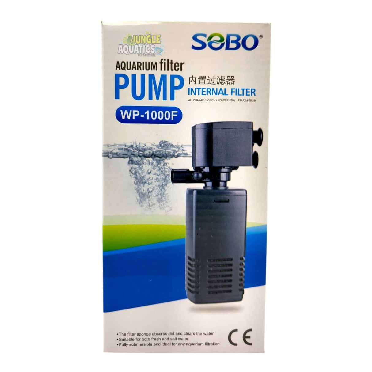 SOBO Aquarium Internal Sponge Filter packaging WP-1000F with specifications and features for optimal aquarium filtration.