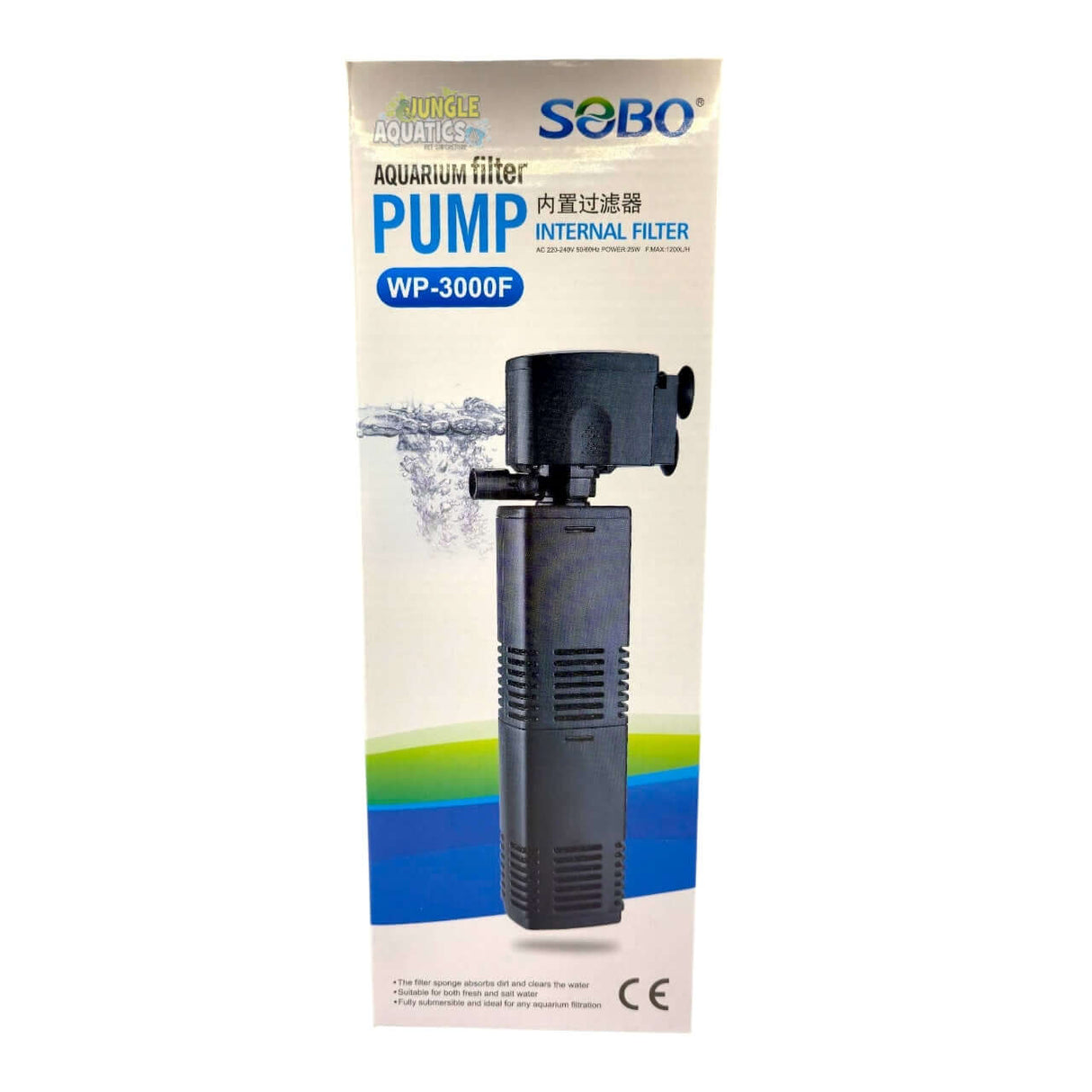 SOBO Aquarium Internal Sponge Filter WP-3000F product packaging with pump specifications and brand logo.