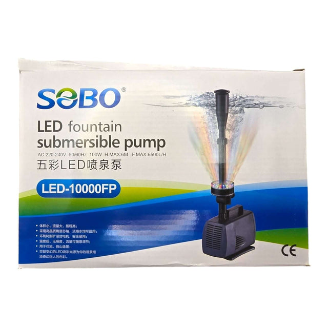 SOBO LED Submersible Fountain Pump packaging showcasing efficient water flow and vibrant LED lighting features.