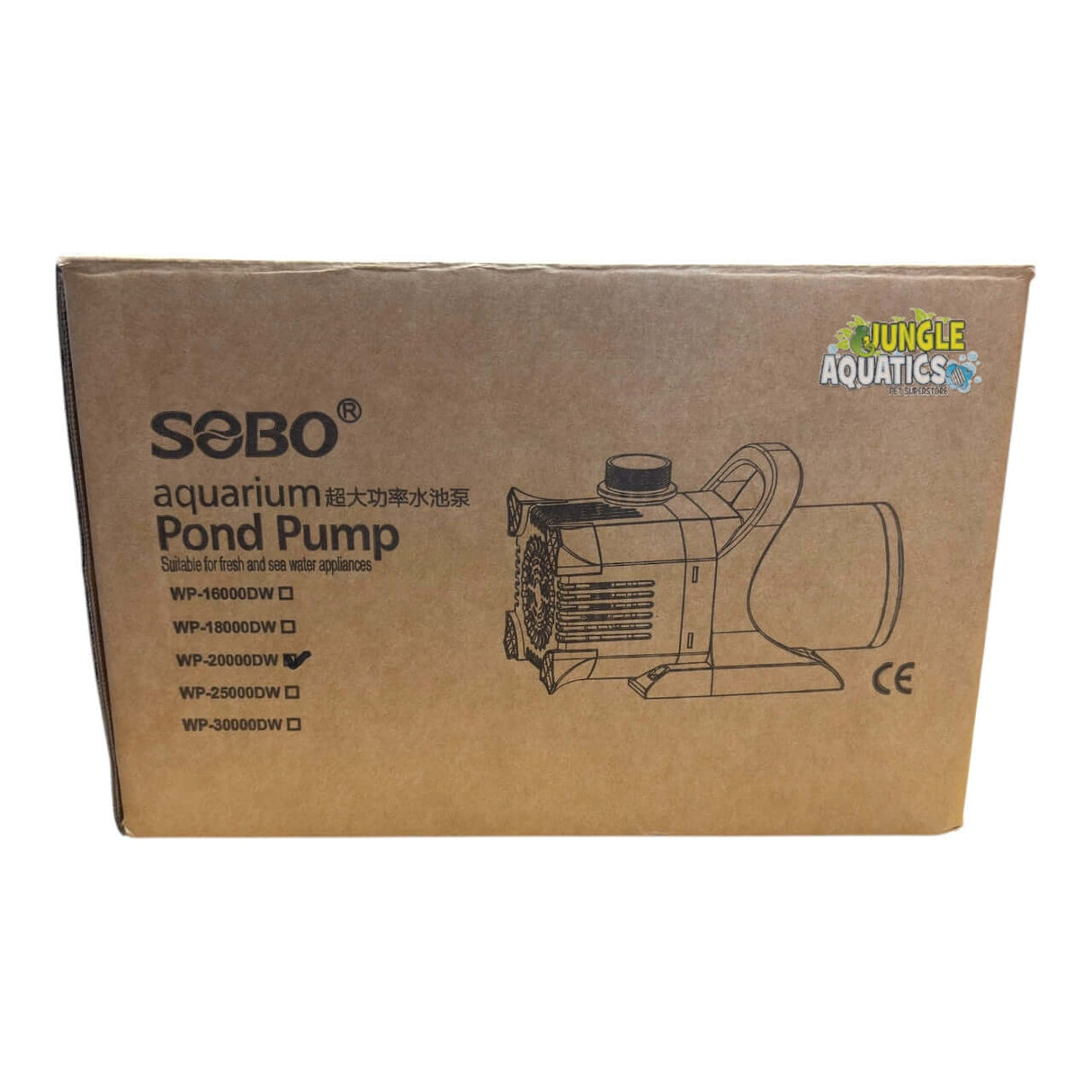 SOBO High-Performance Aquarium and Pond Pump packaging with specifications and model list