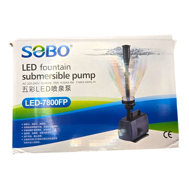 SOBO LED fountain submersible pump packaging with vibrant water spray illustration and product details.