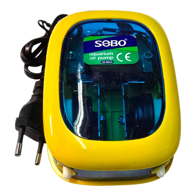 SOBO SB9905 double outlet aquarium air pump with yellow casing and power cord, designed for reliable water aeration.