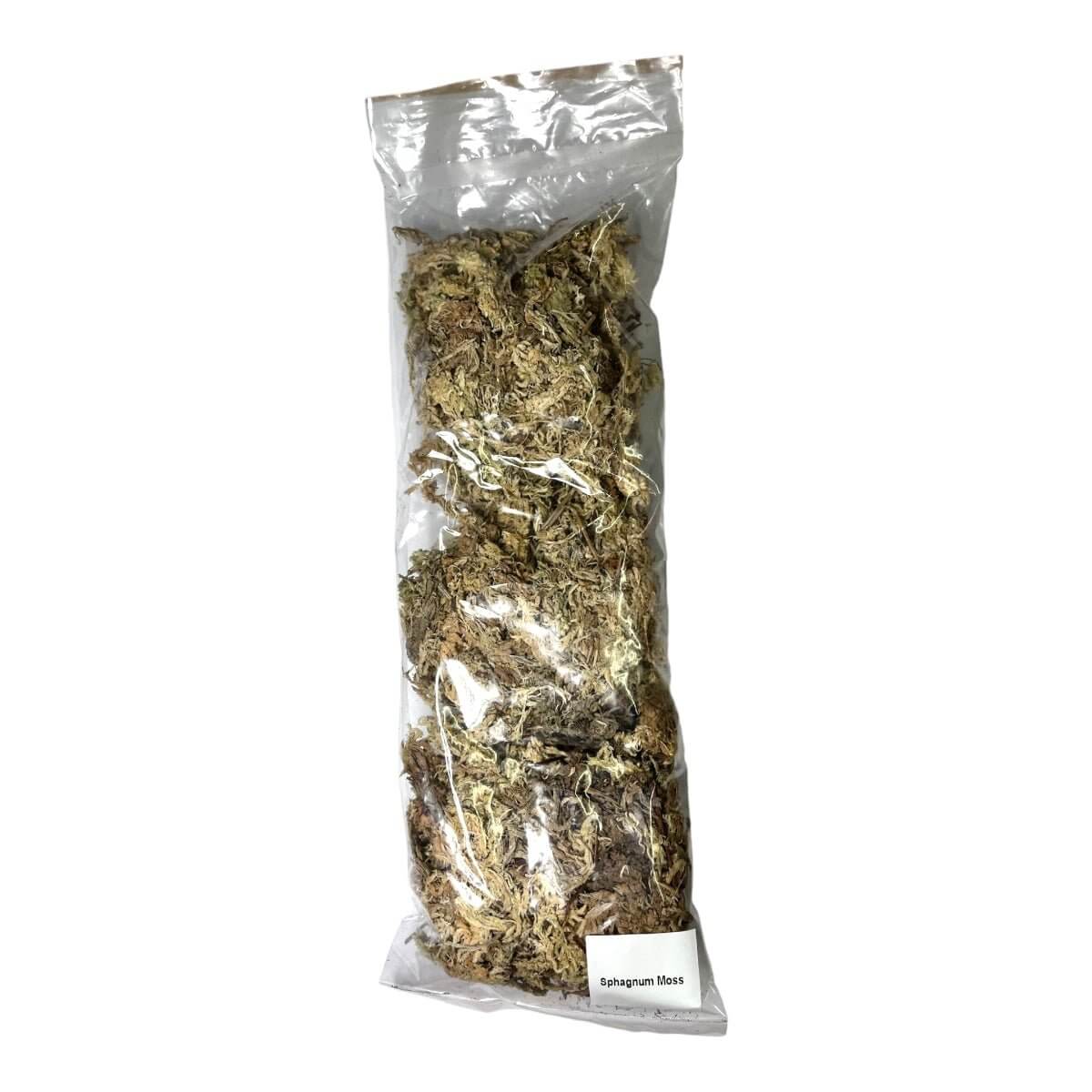 Bag of dried sphagnum moss for enhancing terrarium environments and plant health.