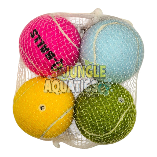 Squeaky Tennis Balls 4 Pack in vibrant colors for fun playtime with dogs, perfect for fetch and engagement.