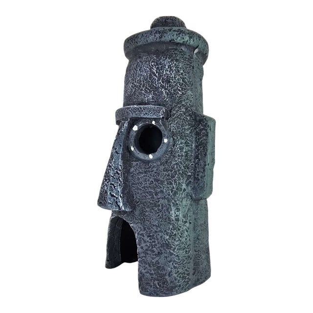 Squidward Mask House Aquarium Ornament in dark gray, textured finish, inspired by tribal art for aquarium decor.