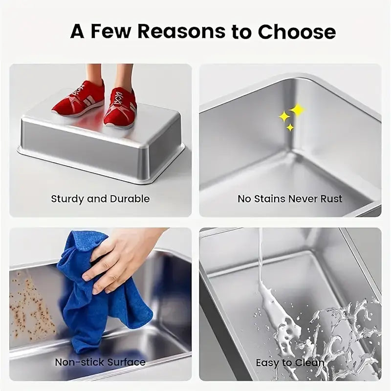 Stainless Steel Cat Litter Box showing durability, easy cleaning, and non-stick surface benefits.