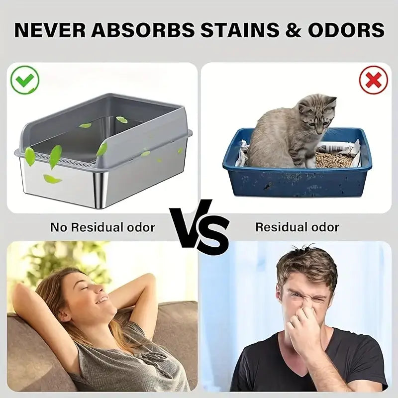 Comparison of Stainless Steel Cat Litter Box with standard litter box showing odor absorption differences.