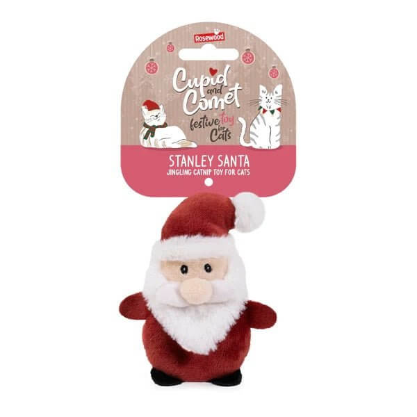 Plush Stanley Santa cat toy with jingle bell, perfect for playful engagement during festive season.