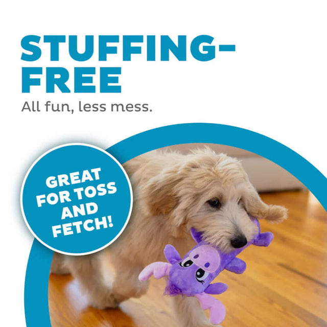 Dog playing with Stuffing-Free Big Squeak Moose plush toy, perfect for toss and fetch activities.