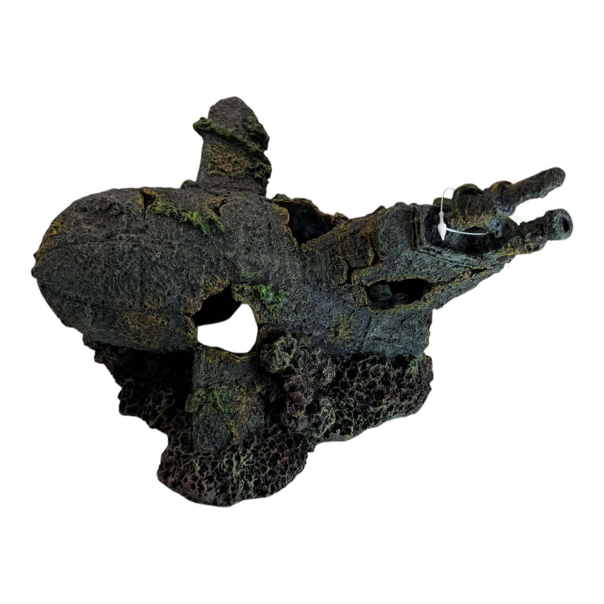 Submarine Head Wreck Aquarium Ornament, realistic underwater decor for aquariums, featuring weathered textures and crevices.