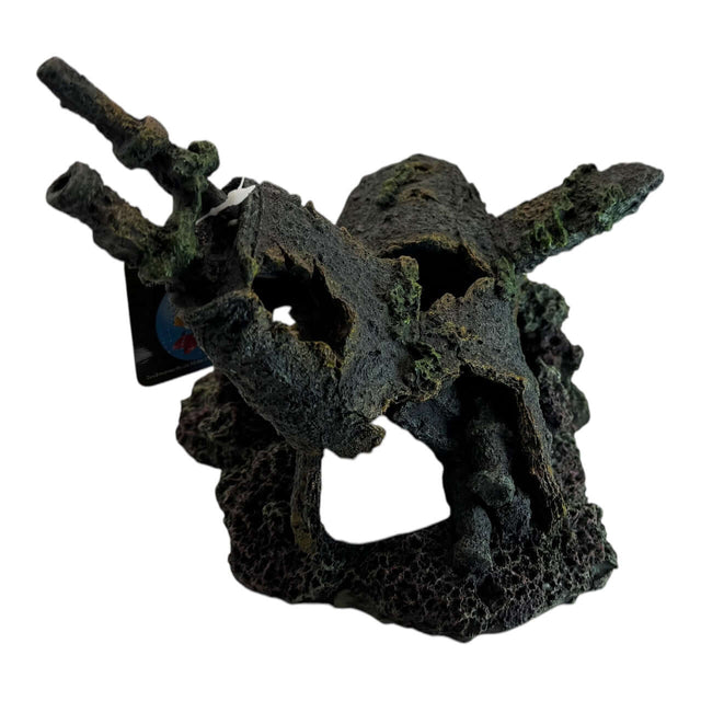 Submarine head wreck aquarium ornament, detailed sunken submarine design for underwater decor.