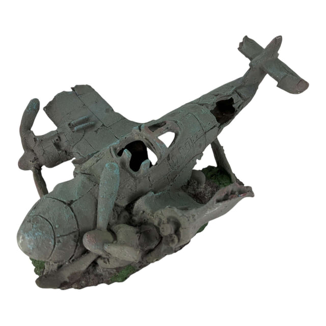 Sunken War Airplane Aquarium Ornament in grayish-green finish, adding unique underwater adventure to aquariums.
