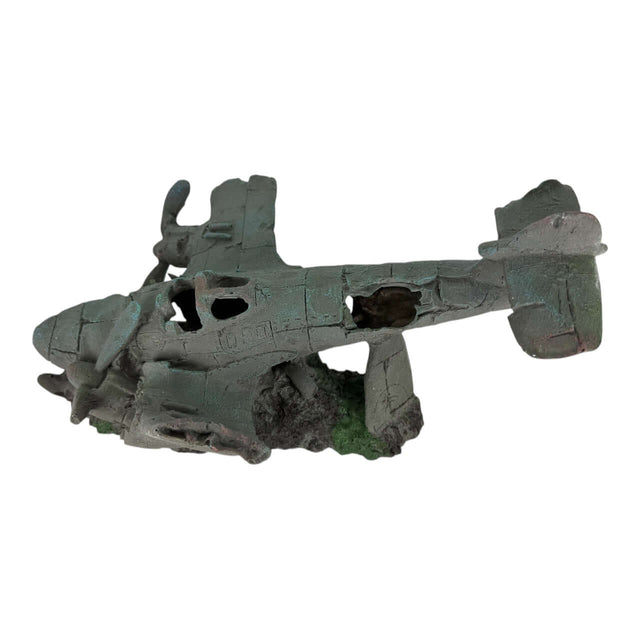 Sunken war airplane aquarium ornament in detailed grayish-green finish, perfect for adding underwater adventure to aquariums.