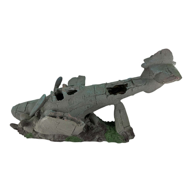 Sunken war airplane aquarium ornament in grayish-green, detailed wrecked design for aquatic decor.