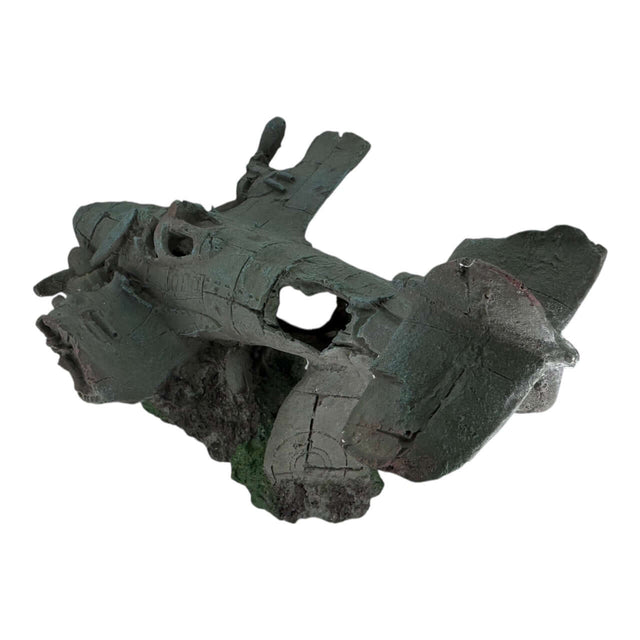 Sunken War Airplane Aquarium Ornament, detailed resin decoration for aquariums, grayish-green weathered finish.
