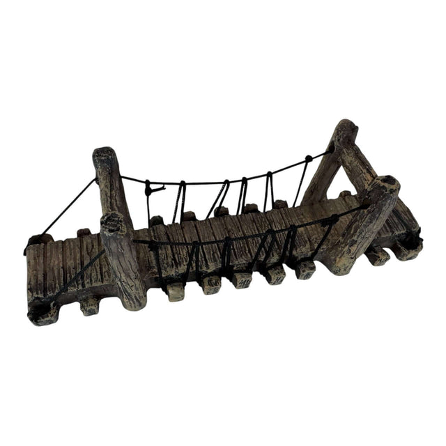 Hand-crafted suspension bridge aquarium ornament with rustic wooden design, perfect for miniature landscapes.