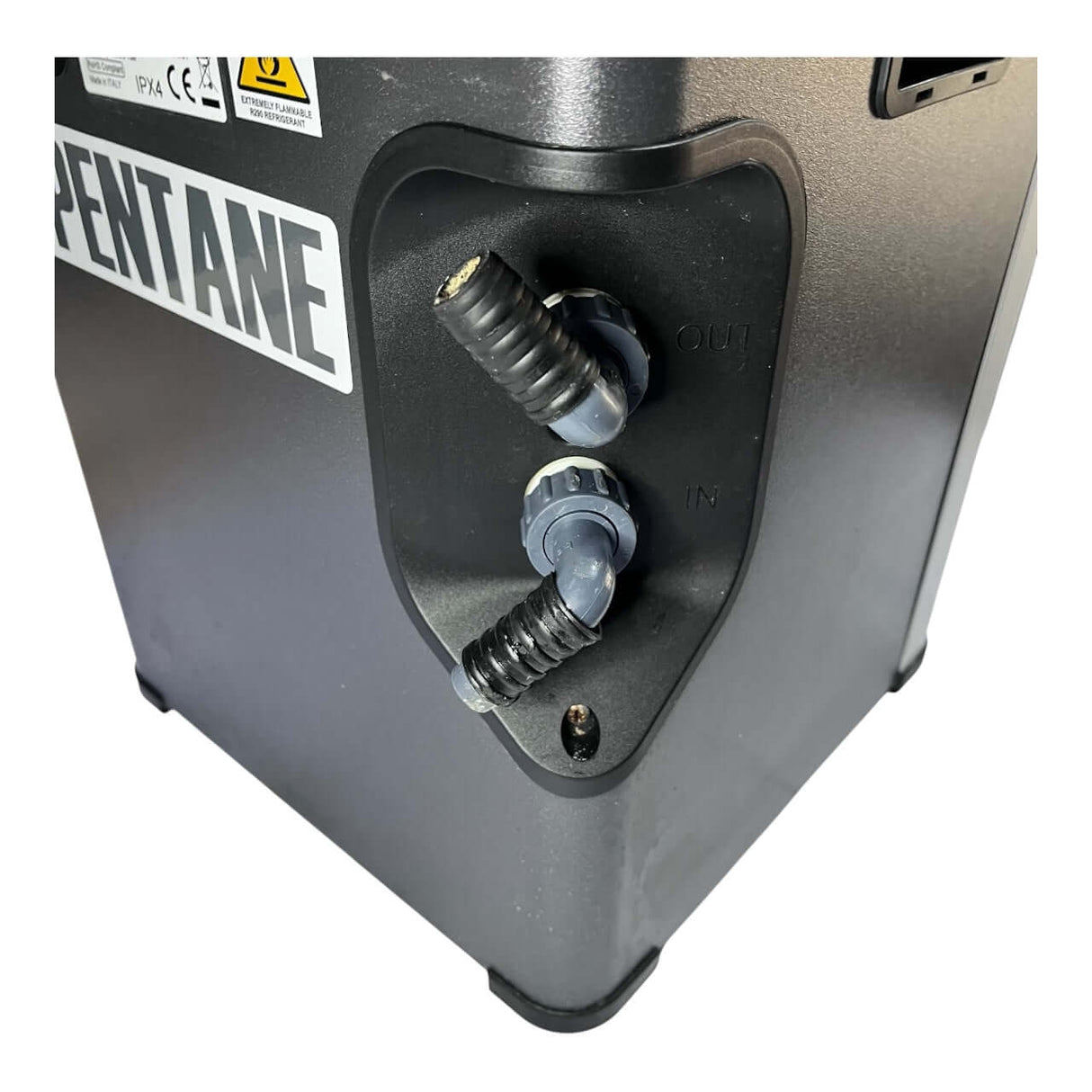 Detail view of the connections on the Teco TK 1000 chiller - secondhand unit in good condition.