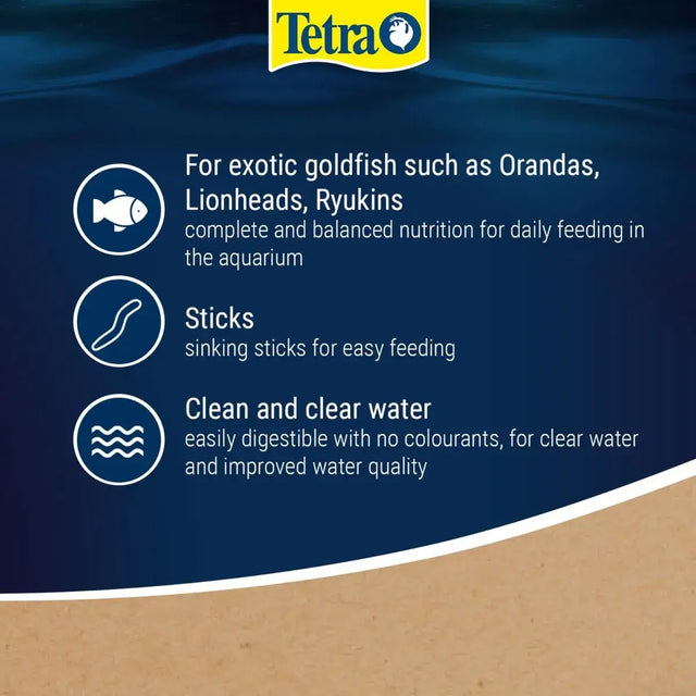 Tetra Goldfish food image highlighting nutrition for exotic goldfish, including Orandas and Lionheads, in an aquarium.
