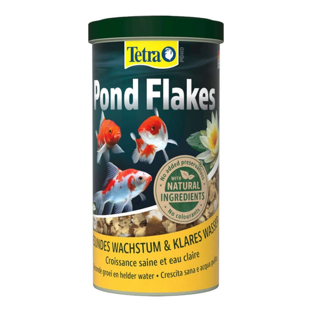 Tetra Pond Flakes 1L container for healthy pond fish diet with natural ingredients and vibrant color enhancement.