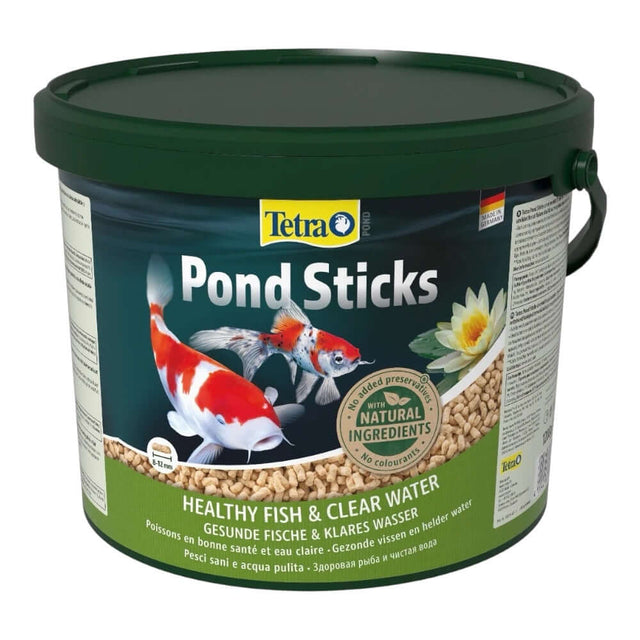 Tetra Pond Food Sticks bucket with koi fish, promoting healthy growth and water quality for pond fish.