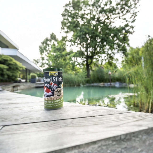 Tetra Pond Food Sticks canister near a pond, ideal for daily feeding of pond fish for healthy growth and vitality.
