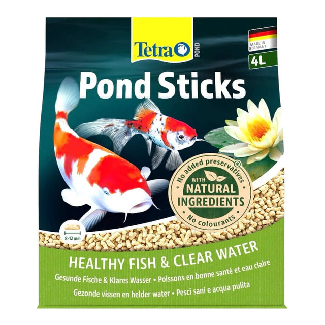Tetra Pond Food Sticks packaging featuring koi fish, promoting healthy fish and clear water with natural ingredients.