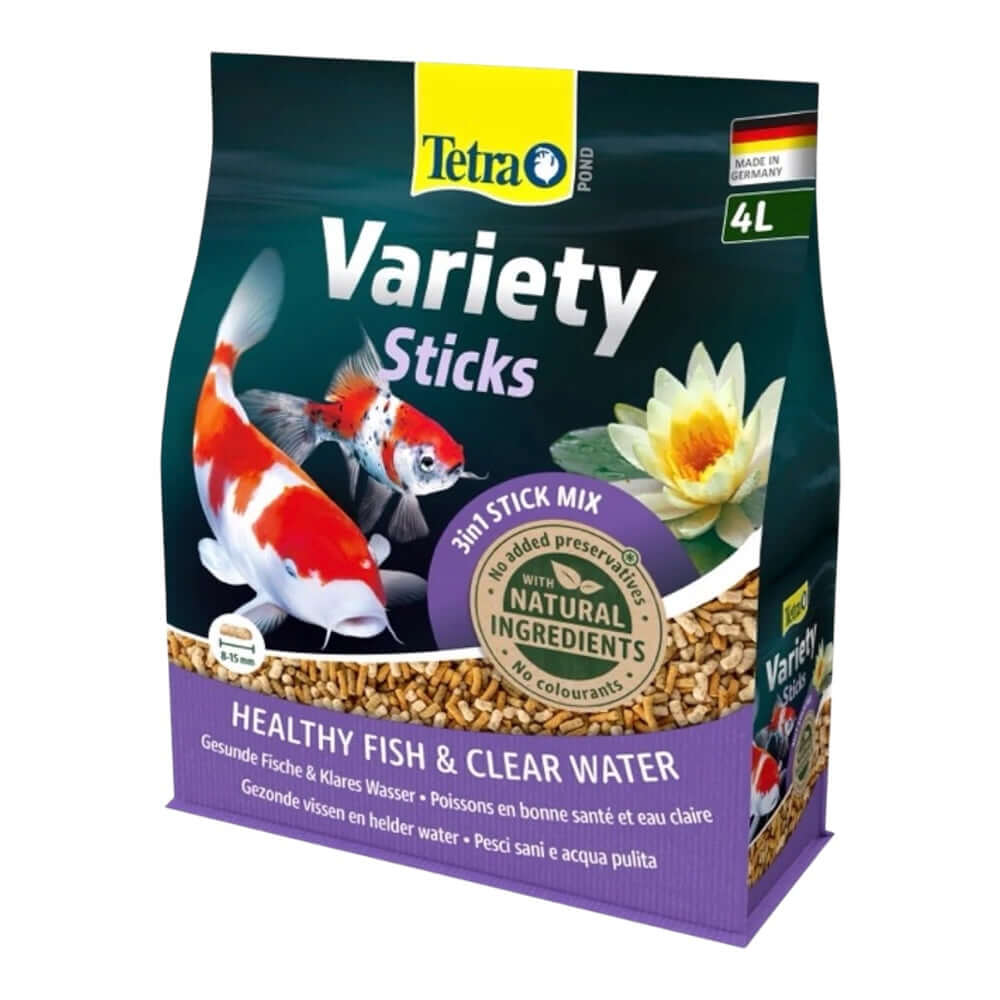 Tetra Pond Variety Sticks packaging, promoting healthy fish growth and clear water for pond fish.