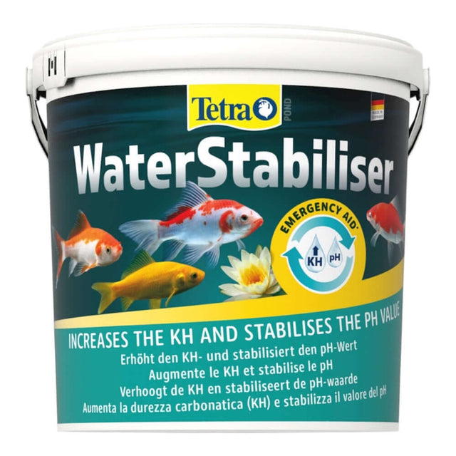 Tetra Pond Water Stabiliser 1.2kg bucket for stabilizing pond pH and enhancing carbonate hardness for healthy aquatic life.