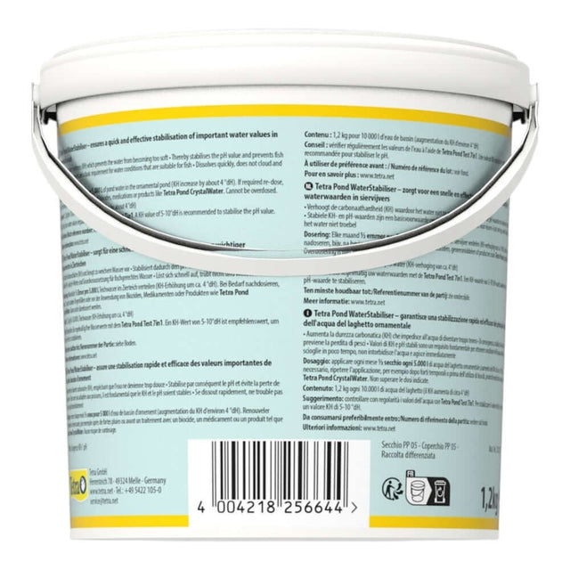 Tetra Pond Water Stabiliser 1.2kg container focusing on water quality stabilization for garden ponds.