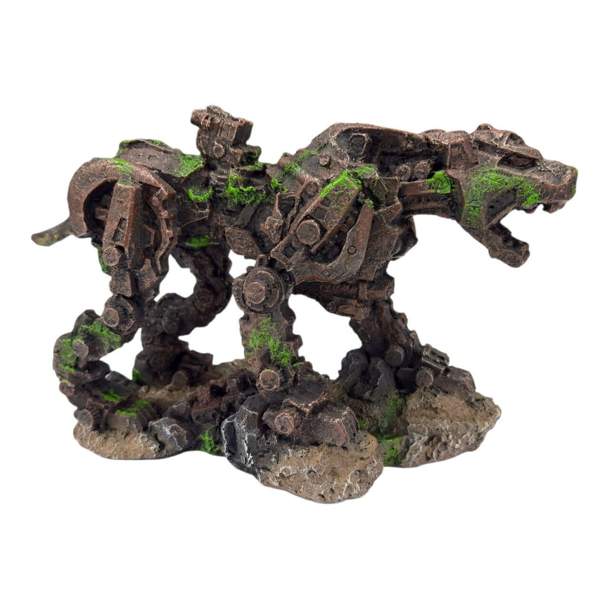 Transformer Dog Ornament crafted in a mechanical design with moss accents and rocky base for aquarium decor.