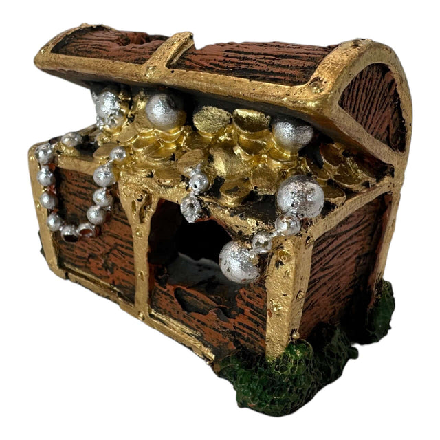 Treasure Box Aquarium Ornament featuring a gold-accented chest decorated with pearls and lush greenery.