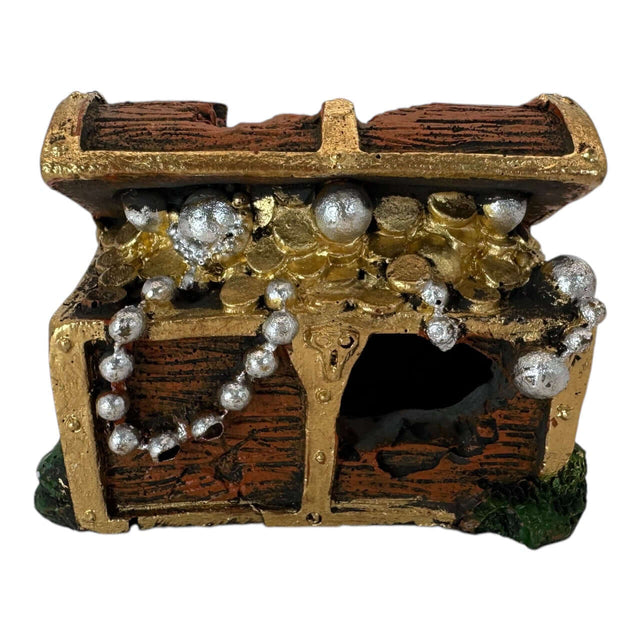 Treasure Box Aquarium Ornament showcasing an open chest with silver pearls and gold coins, perfect for enhancing your aquarium decor.