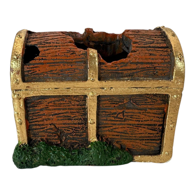 Treasure Box Aquarium Ornament, intricately designed treasure chest in gold finish, perfect for enhancing underwater decor.