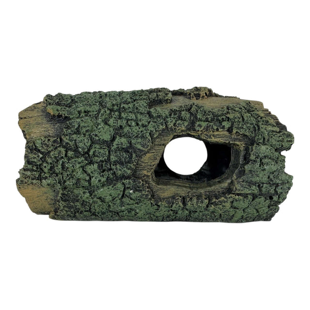 Tree stump aquarium ornament with bark, featuring hollowed-out tunnel, adds rustic charm to aquariums.