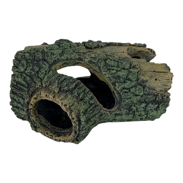 Tree stump aquarium ornament made from resin with realistic bark texture and hollow tunnels for fish shelter.