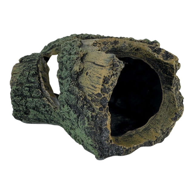 Tree stump aquarium ornament with realistic bark texture and hollowed tunnels for fish shelter.
