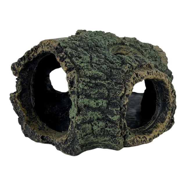 Tree stump aquarium ornament with bark, featuring hollowed-out tunnels for fish shelter and decoration.