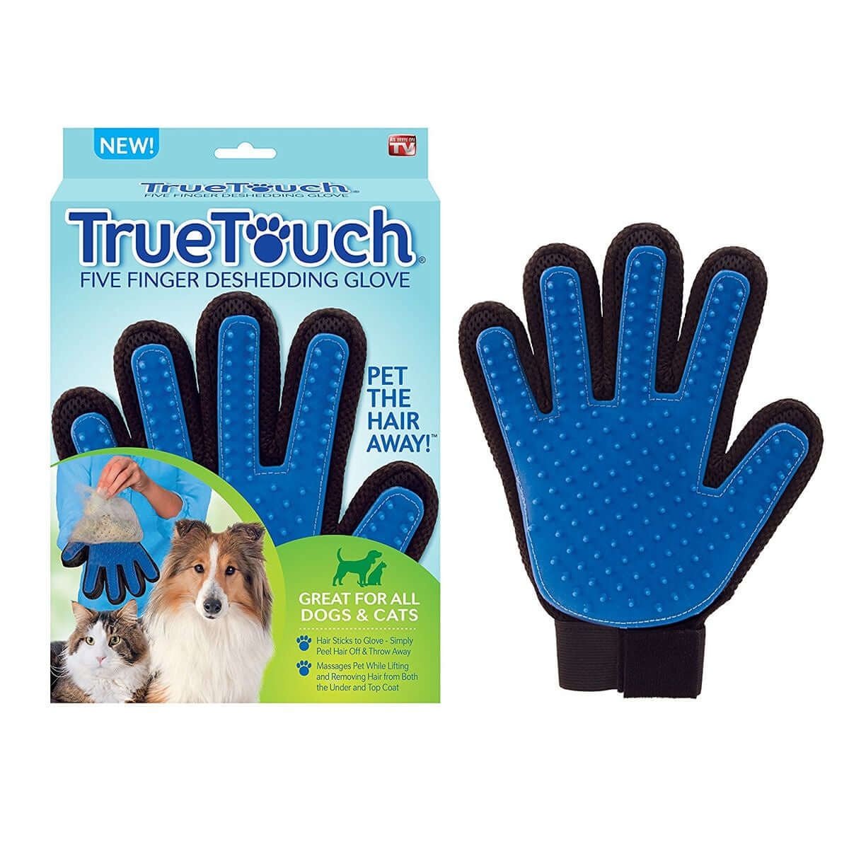 TrueTouch Deshedding Glove for Gentle Pet Grooming packaging with five finger design and soft silicone tips.
