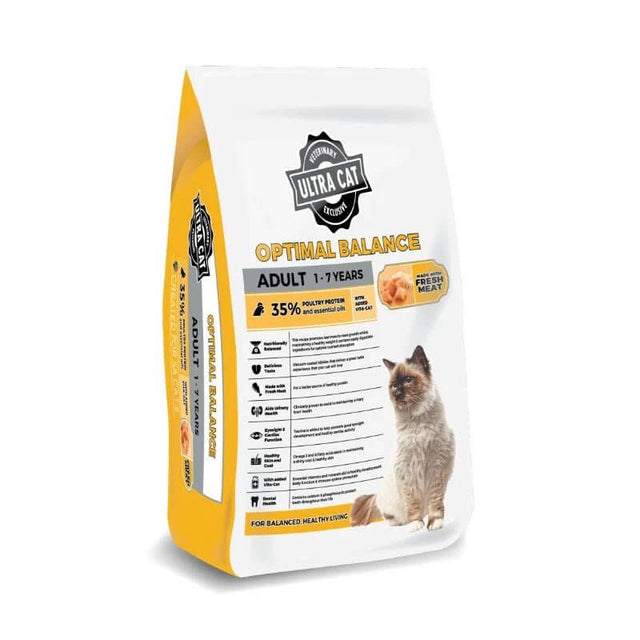 Ultra Cat Optimal Balance Adult cat food bag featuring nutritional benefits and high protein content for healthy living.